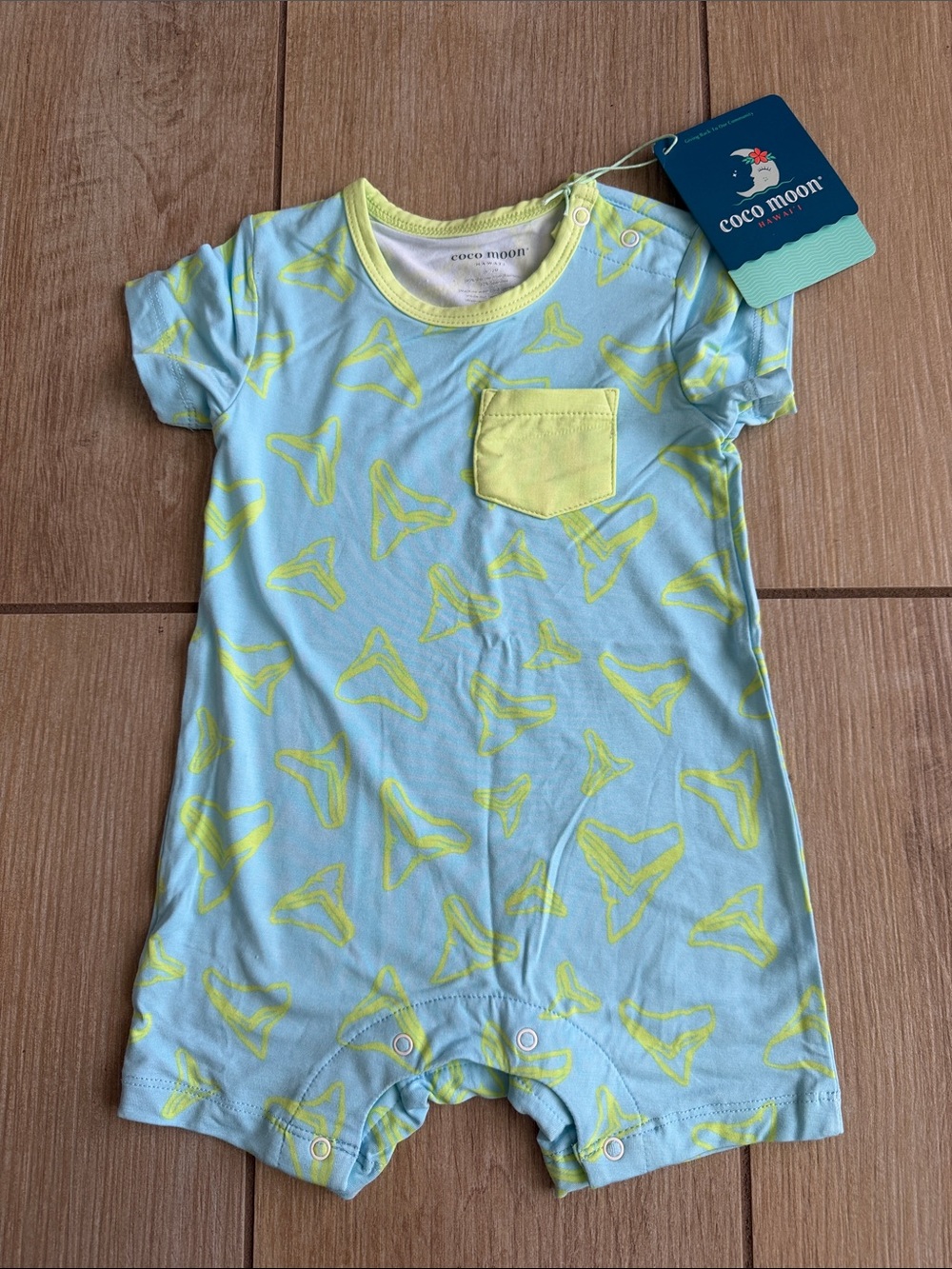Coco moon Light bamboo Blue & neon Baby Short Romper - size 6-12 month